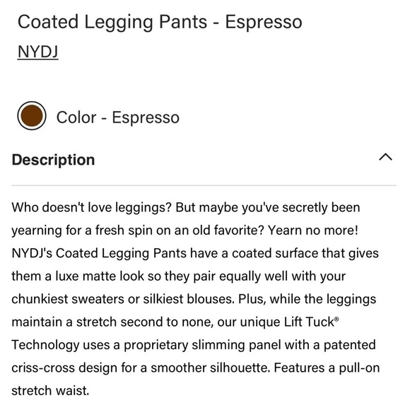 NYDJ ESPRESSO COATED HIGH WAIST STRETCHY LEGGINGS - Picture 3 of 13
